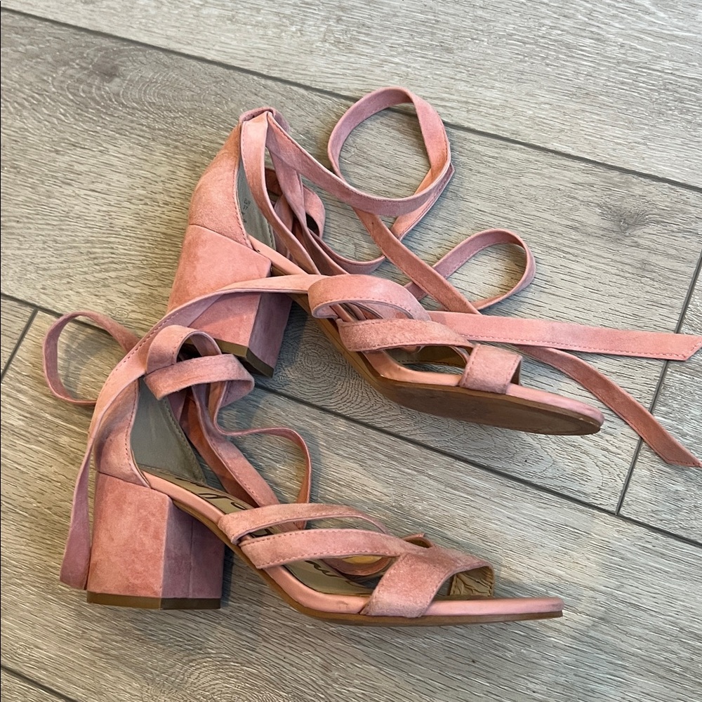 Sam Edelman Pink Suede ankle lace up low heel block heel Sandals size 7 - Picture 5 of 11